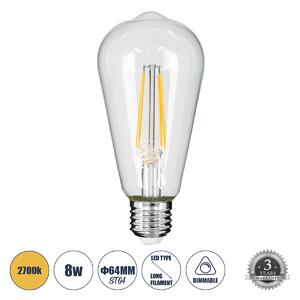 GloboStar® 99016 Λάμπα LED Long Filament E27 ST64 Αχλάδι 8W 800lm 360° AC 220-240V IP20 Φ6.4 x Υ14cm Θερμό Λευκό 2700K με Διάφανο Γυαλί - Dimmable - 3 Years Warranty