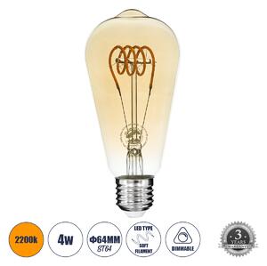 GloboStar® 99141 Λάμπα LED Soft T Spiral Filament E27 ST64 Αχλάδι 4W 280lm 360° AC 220-240V IP20 Φ6.4 x Υ14cm Ultra Θερμό Λευκό 2200K με Μελί Γυαλί Dimmable - 3 Χρόνια Εγγύηση