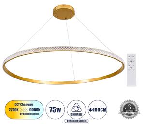 GloboStar® DIAMOND 61135 Κρεμαστό Φωτιστικό Δαχτυλίδι-Κύκλος LED CCT 75W 8743lm 360° AC 220-240V - Εναλλαγή Φωτισμού μέσω Τηλεχειριστηρίου All In One Ψυχρό 6000k+Φυσικό 4500k+Θερμό 2700k Dimmable Φ100cm - Χρυσό Βούρτσας - 3 Years Warranty