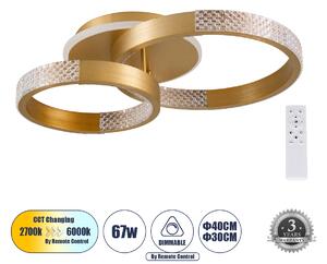 GloboStar® DIAMOND 61113 Φωτιστικό Οροφής Δαχτυλίδι-Κύκλος LED CCT 67W 8078lm 360° AC 220-240V - Εναλλαγή Φωτισμού μέσω Τηλεχειριστηρίου All In One Ψυχρό 6000k+Φυσικό 4500k+Θερμό 2700k Dimmable Φ30+40cm+BackLight - Χρυσό Βούρτσας - 3 Years Warranty