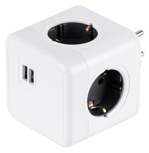 GloboStar® TRAVEL PowerCube PRO Certified 79633 Πολύπριζο 6 Θέσεων με 4 Πρίζες Ασφαλείας Childproof EU Schuko AC 220-240V & 2 Πρίζες USB Max 2.1A/DC 5V Μ7.5 x Π11.5 x Υ7.5 - Λευκό με Γκρι - Max Load 3680W/16A