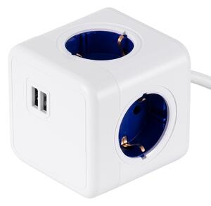 GloboStar® TRAVEL PowerCube PRO Certified 79643 Πολύπριζο 6 Θέσεων με 1.5m Kαλώδιο - 4 Πρίζες Ασφαλείας Childproof EU Schuko AC 220-240V & 2 Πρίζες USB Max 2.1A/DC 5V Μ7.5 x Π7.5 x Υ7.5 - Λευκό με Μπλε - Max Load 3680W/16A