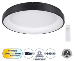 GloboStar® SALEM 61237 Πλαφονιέρα Οροφής Δαχτυλίδι-Κύκλος LED CCT 105W 12075lm 120° AC 220-240V - Εναλλαγή Φωτισμού μέσω Τηλεχειριστηρίου All In One Ψυχρό 6000k+Φυσικό 4500k+Θερμό 2700k Dimmable Φ60cm - Μαύρο - 3 Years Warranty