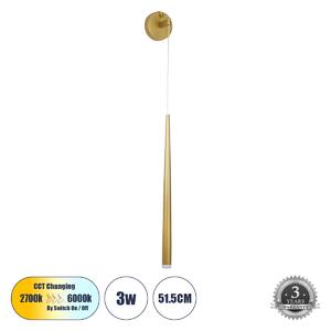 GloboStar® TEARS 61316 Φωτιστικό Τοίχου - Απλίκα Design LED CCT 3W 330lm 180° AC 220-240V - Εναλλαγή Φωτισμού μέσω Διακόπτη On/Off All In One Ψυχρό 6000k+Φυσικό 4500k+Θερμό 2700k Φ3.2 x Υ51.5cm - Χρυσό Βούρτσας - 3 Years Warranty