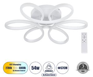 GloboStar® MARGARET 61401 Φωτιστικό Οροφής Design LED CCT 54W 6210lm 360° AC 220-240V - Εναλλαγή Φωτισμού μέσω Τηλεχειριστηρίου All In One Ψυχρό 6000k+Φυσικό 4500k+Θερμό 2700k Dimmable Φ57 x Υ12cm - Λευκό - 3 Years Warranty