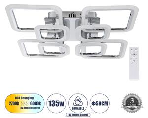 GloboStar® ROYAL-S 61326 Φωτιστικό Οροφής Design LED CCT 135W 16200lm 360° AC 220-240V - Εναλλαγή Φωτισμού μέσω Τηλεχειριστηρίου All In One Ψυχρό 6000k+Φυσικό 4500k+Θερμό 2700k Dimmable Μ58.5 x Π58.5 x Υ12cm - Νίκελ Χρώμιο - 3 Years Warranty