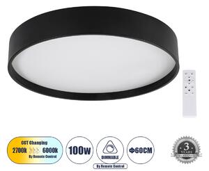 GloboStar® NARNIA 61259 Πλαφονιέρα Οροφής LED CCT 100W 11500lm 120° AC 220-240V - Εναλλαγή Φωτισμού μέσω Τηλεχειριστηρίου All In One Ψυχρό 6000k+Φυσικό 4500k+Θερμό 2700k Dimmable Φ60 x Υ10cm - Μαύρο - 3 Years Warranty