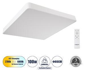 GloboStar® KAMALA 61211-S Πλαφονιέρα Οροφής LED CCT 100W 11020lm 120° AC 220-240V - Εναλλαγή Φωτισμού μέσω Τηλεχειριστηρίου All In One Ψυχρό 6000k+Φυσικό 4500k+Θερμό 2700k Dimmable Μ80 x Π80 x Υ8cm - Λευκό - 3 Years Warranty