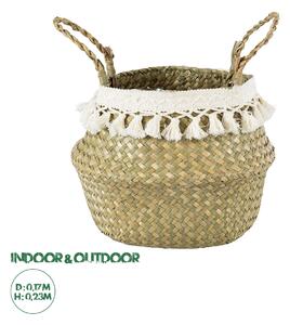 GloboStar® Artificial Garden MILOS 20306 Διακοσμητικό Ψάθινο Καλάθι - Κασπώ Γλάστρα - Flower Pot Μπεζ με Μακραμέ Φ17cm x Υ23cm