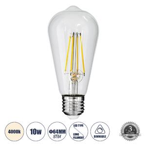 GloboStar® 99056 Λάμπα LED Long Filament E27 ST64 Αχλάδι 10W 1100lm 360° AC 220-240V IP20 Φ6.4 x Υ14cm Φυσικό Λευκό 4000K με Διάφανο Γυαλί - Dimmable - 3 Years Warranty