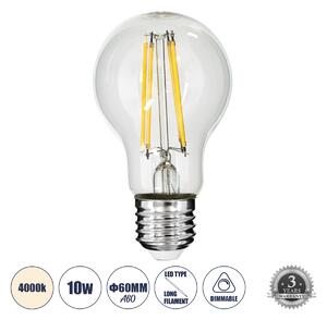 GloboStar® 99053 Λάμπα LED Long Filament E27 A60 Γλόμπος 10W 1100lm 360° AC 220-240V IP20 Φ6 x Υ10.5cm Φυσικό Λευκό 4000K με Διάφανο Γυαλί - Dimmable - 3 Χρόνια Εγγύηση