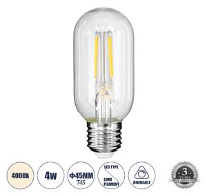 GloboStar® 99057 Λάμπα LED Long Filament E27 T45 Σωλήνας 4W 440lm 360° AC 220-240V IP20 Φ4.5 x Υ11cm Φυσικό Λευκό 4000K με Διάφανο Γυαλί - Dimmable - 3 Years Warranty