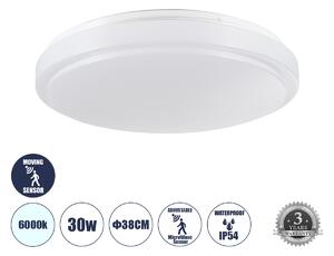 GloboStar® SENSORANO 60994 Πλαφονιέρα Οροφής LED 30W 3000lm 120° AC 220-240V με Ενσωματωμένο Σύστημα Ρυθμιζόμενου Microwave Αισθητήρα Κίνησης - Αδιάβροχη IP54 Φ38 x Υ5.3cm Ψυχρό Λευκό 6000K - Λευκό - Bridgelux Chips - 3 Years Warranty