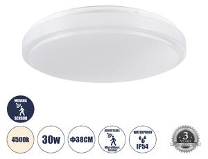 GloboStar® SENSORANO 60995 Πλαφονιέρα Οροφής LED 30W 3000lm 120° AC 220-240V με Ενσωματωμένο Σύστημα Ρυθμιζόμενου Microwave Αισθητήρα Κίνησης - Αδιάβροχη IP54 Φ38 x Υ5.3cm Φυσικό Λευκό 4500K - Λευκό - Bridgelux Chips - 3 Years Warranty