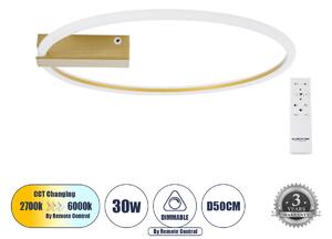 GloboStar® CINDERELLA 60982 Φωτιστικό Οροφής Δαχτυλίδι-Κύκλος LED CCT 30W 3360lm 360° AC 220-240V - Εναλλαγή Φωτισμού μέσω Τηλεχειριστηρίου All In One Ψυχρό 6000k+Φυσικό 4500k+Θερμό 2700k Dimmable Φ50cm - Χρυσό Βούρτσας - 3 Years Warranty