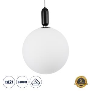 GloboStar® ESTETICO 61497 Μοντέρνο Κρεμαστό Φωτιστικό Μπάλα Μονόφωτο 1 x E27 IP20 Λευκό Γυαλί με Μαύρο Μέταλλο Μ40 x Π40 x Υ58cm