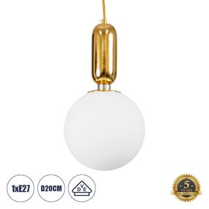 GloboStar® ESTETICO 61492 Μοντέρνο Κρεμαστό Φωτιστικό Μπάλα Μονόφωτο 1 x E27 IP20 Λευκό Γυαλί με Χρυσό Μέταλλο Μ20 x Π20 x Υ38cm