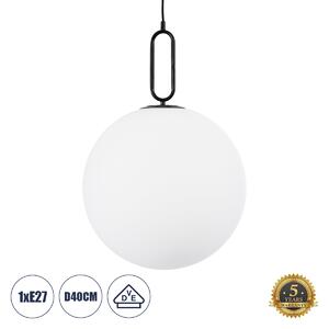 GloboStar® BELLISSIMO 61491 Μοντέρνο Κρεμαστό Φωτιστικό Οροφής Μονόφωτο 1 x E27 Γαλακτερή Γυάλινη Μπάλα με Μεταλλικό Μαύρο Ματ Σώμα Φ40 x Υ62cm