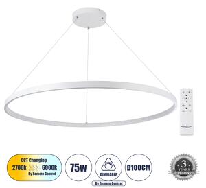 GloboStar® DIAMOND 61518 Κρεμαστό Φωτιστικό Δαχτυλίδι-Κύκλος LED CCT 75W 8400lm 360° AC 220-240V - Εναλλαγή Φωτισμού μέσω Τηλεχειριστηρίου All In One Ψυχρό 6000k+Φυσικό 4500k+Θερμό 2700k Dimmable Φ100cm - Λευκό - 3 Years Warranty