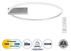 GloboStar® CINDERELLA 60983 Φωτιστικό Οροφής Δαχτυλίδι-Κύκλος LED CCT 30W 3360lm 360° AC 220-240V - Εναλλαγή Φωτισμού μέσω Τηλεχειριστηρίου All In One Ψυχρό 6000k+Φυσικό 4500k+Θερμό 2700k Dimmable Φ50cm - Χρώμιο Νικελ - 3 Years Warranty