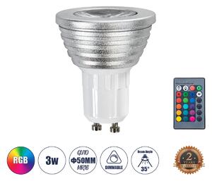 GloboStar® 76065 Σποτ LED GU10 MR16 3W 200lm 90° AC 220-240V IP20 Φ5 x Υ8.5cm - Εναλλαγή Φωτισμού μέσω Τηλεχειριστηρίου RGB - Dimmable - 2 Χρόνια Εγγύηση