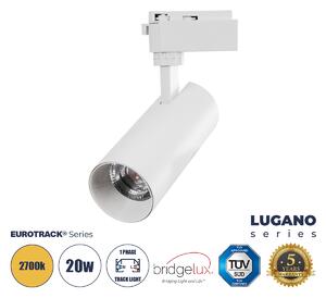 GloboStar® LUGANO 60808 Μονοφασικό Φωτιστικό Σποτ Ράγας LED 20W 2400lm 36° Acrylic HQ LENS AC 220-240V IP20 Φ6.5 x Υ22cm Θερμό Λευκό 2700K - EUROTRACK® System 1L+1N - Λευκό - Bridgelux Chip - TÜV Certified Driver - 5 Χρόνια Εγγύηση