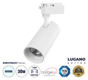 GloboStar® LUGANO 60812 Μονοφασικό Φωτιστικό Σποτ Ράγας LED 30W 3900lm 36° Acrylic HQ LENS AC 220-240V IP20 Φ7.5 x Υ22.7cm Ψυχρό Λευκό 6000K - EUROTRACK® System 1L+1N - Λευκό - Bridgelux Chip - TÜV Certified Driver - 5 Χρόνια Εγγύηση