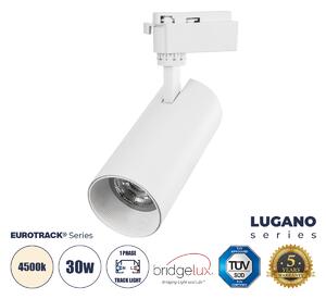 GloboStar® LUGANO 60813 Μονοφασικό Φωτιστικό Σποτ Ράγας LED 30W 3750lm 36° Acrylic HQ LENS AC 220-240V IP20 Φ7.5 x Υ22.7cm Φυσικό Λευκό 4500K - EUROTRACK® System 1L+1N - Λευκό - Bridgelux Chip - TÜV Certified Driver - 5 Χρόνια Εγγύηση