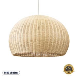 GloboStar® RAITO 01826 Boho Κρεμαστό Φωτιστικό Καμπάνα Μονόφωτο 1 x E27 IP20 Μπεζ Ξύλο - Μ100 x Π100 x Υ63cm