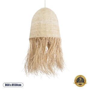 GloboStar® AREMBEPE 02179 Boho Κρεμαστό Φωτιστικό Οροφής Μονόφωτο 1 x E27 AC220-240V IP20 - Φ60 x Υ130cm - Μπεζ Φυσική Ράφια Νήμα Πλέγμα Καμπάνα