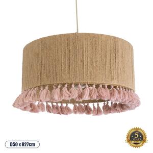 GloboStar® PUERTORICO 02096 Boho Κρεμαστό Φωτιστικό Καπέλο Μονόφωτο 1 x E27 IP20 Μπεζ & Ροζ Σχοινί Μ50 x Π50 x Υ27cm