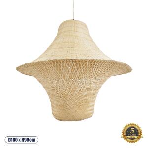 GloboStar® JUNIPER 02047 Boho Κρεμαστό Φωτιστικό Οροφής Μονόφωτο 1 x E27 AC220-240V IP20 - Φ100 x Υ90cm - Μπεζ Ξύλινο Μπαμπού Πλέγμα Καμπάνα