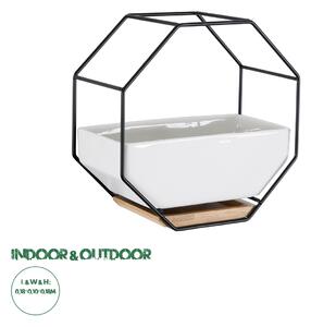 GloboStar® Artificial Garden BIANCO 20557 Διακοσμητικό Κεραμικό Κασπώ Γλάστρα - Flower Pot Λευκό με Μαύρο Μεταλλικό Πλέγμα και Καφέ Ξύλινη Βάση Μ18 x Π10 x Υ18cm