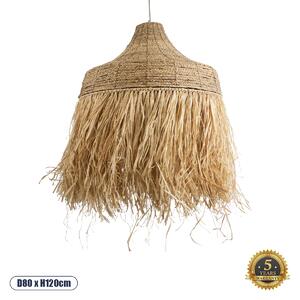 GloboStar® PORTOFERRAIO 02186 Boho Κρεμαστό Φωτιστικό Πλέγμα Μονόφωτο 1 x E27 IP20 Μπεζ Ράφια - Μ80 x Π80 x Υ120cm