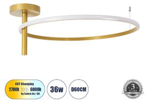 GloboStar® VERONA 61225 Φωτιστικό Οροφής Δαχτυλίδι-Κύκλος LED CCT 36W 4032lm 360° AC 220-240V - Εναλλαγή Φωτισμού μέσω Διακόπτη On/Off All In One Ψυχρό 6000k+Φυσικό 4500k+Θερμό 2700K Φ60 x Υ23cm - Χρυσό Βούρτσας - 3 Χρόνια Εγγύηση