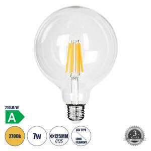 GloboStar® 99089 Λάμπα LED Long Filament E27 G125 Γλόμπος 7W 1470lm 360° AC 220-240V IP20 Φ12.5 x Υ13.8cm Θερμό Λευκό 2700K με Διάφανο Γυαλί - Pro Series 210lm/W - A Ενεργειακή Κλάση - 3 Χρόνια Εγγύηση