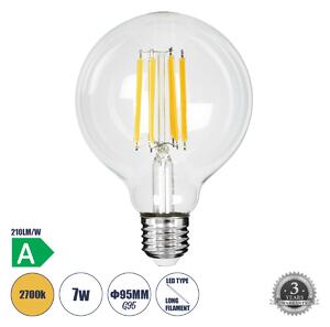 GloboStar® 99088 Λάμπα LED Long Filament E27 G95 Γλόμπος 7W 1470lm 360° AC 220-240V IP20 Φ9.5 x Υ13.8cm Θερμό Λευκό 2700K με Διάφανο Γυαλί - Pro Series 210lm/W - A Ενεργειακή Κλάση - 3 Χρόνια Εγγύηση