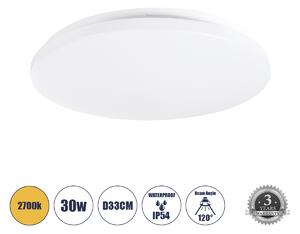 GloboStar® CELANO 61010 LED Πλαφονιέρα Οροφής Στρόγγυλη Φ33 30W 2700lm 120° AC 220-240V Αδιάβροχη IP54 Φ33 x Υ6cm Θερμό Λευκό 2700K - 3 Χρόνια Εγγύηση