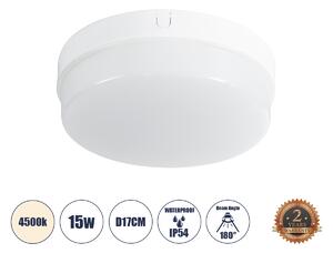 GloboStar® REVANO 61015 LED Πλαφονιέρα Οροφής Στρόγγυλη Φ17 15W 1425lm 180° AC 220-240V Αδιάβροχη IP54 Φ17 x Υ5cm Φυσικό Λευκό 4500K - 2 Χρόνια Εγγύηση