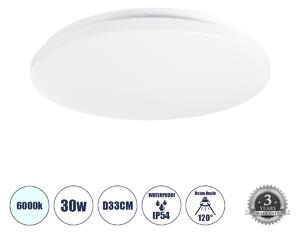 GloboStar® CELANO 61008 LED Πλαφονιέρα Οροφής Στρόγγυλη Φ33 30W 3000lm 120° AC 220-240V Αδιάβροχη IP54 Φ33 x Υ6cm Ψυχρό Λευκό 6000K - 3 Χρόνια Εγγύηση