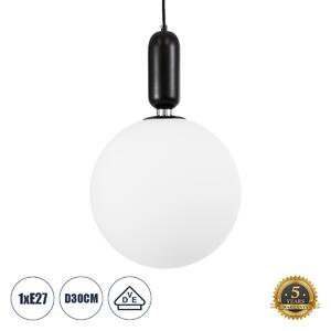 GloboStar® ESTETICO 61496 Μοντέρνο Κρεμαστό Φωτιστικό Μπάλα Μονόφωτο 1 x E27 IP20 Λευκό Γυαλί με Μαύρο Μέταλλο Μ30 x Π30 x Υ48cm