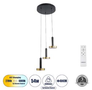 GLOBOSTAR® ZANE 60934 Κρεμαστό Φωτιστικό Design LED CCT 54W 6048lm 120° AC 220-240V IP20 - Εναλλαγή Φωτισμού μέσω Τηλεχειριστηρίου All In One Ψυχρό 6000k+Φυσικό 4500k+Θερμό 2700k Dimmable - Φ40 x Υ20cm - Μαύρο & Χρυσό - 3 Χρόνια Εγγύηση