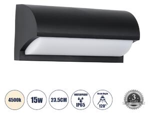 GLOBOSTAR® HORIZON 60693 Φωτιστικό Τοίχου - Απλίκα Εσωτερικού/Εξωτερικού Χώρου LED 15W 1575lm 120° AC175-265V Αδιάβροχο IP65 - Πλαστικό Σώμα - Φυσικό λευκό 4500K - Μ23.5 x Π11 x Υ10cm - Μαύρο - Bridgelux Chip - 3 Χρόνια Εγγύηση