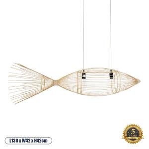 GloboStar® FISH 01927 Μοντέρνο Κρεμαστό Φωτιστικό Πλέγμα Δίφωτο 2 x E27 IP20 Μπεζ Ξύλο - Μ130 x Π42 x Υ42cm