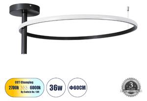 GloboStar® VERONA 61223 Φωτιστικό Οροφής Δαχτυλίδι-Κύκλος LED CCT 36W 4032lm 360° AC 220-240V - Εναλλαγή Φωτισμού μέσω Διακόπτη On/Off All In One Ψυχρό 6000k+Φυσικό 4500k+Θερμό 2700K Φ60 x Υ23cm - Μαύρο - 3 Χρόνια Εγγύηση