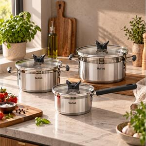 Σετ Μαγειρικά Σκεύη Tefal Optispace G7376S44 με γυάλινο καπάκι από ανοξείδωτο ατσάλι και διαμέτρους 16cm, 20cm και 24cm - 6 τεμάχια