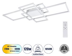 GloboStar® QUADRA 61389 Φωτιστικό Οροφής Design LED CCT 120W 14400lm 120° AC 220-240V - Εναλλαγή Φωτισμού μέσω Τηλεχειριστηρίου All In One Ψυχρό 6000k+Φυσικό 4500k+Θερμό 2700k Dimmable Μ105 x Π60 x Υ9cm - Λευκό - 3 Years Warranty