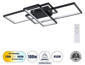 GloboStar® QUADRA 61385 Φωτιστικό Οροφής Design LED CCT 100W 12000lm 120° AC 220-240V - Εναλλαγή Φωτισμού μέσω Τηλεχειριστηρίου All In One Ψυχρό 6000k+Φυσικό 4500k+Θερμό 2700k Dimmable Μ85 x Π45 x Υ9cm - Μαύρο - 3 Years Warranty