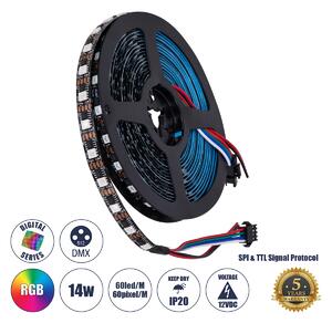 GloboStar® 90604 Digital Pixel Addressable Strip 4 PIN - Ψηφιακή Ταινία LED SMD 5050 14W/m 60LED/m 60PIXEL/m SPI/TTL Protocol IC TM1812 1152lm/m 120° DC 12V IP20 RGB - Μαύρο Σώμα - Μ5000 x Π10 x Υ2mm - Συσκευασία 5 Μέτρων - 5 Χρόνια Εγγύηση