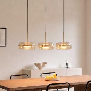Lucande LED κρεμαστό φωτιστικό Martis, κεχριμπάρι, 3 φώτα, ρυθμιζόμενη ένταση, ρυθμιζόμενος, Χρυσό / Ορείχαλκου, Σαλόνι / τραπεζαρία, Γυαλί, σύγχρονο